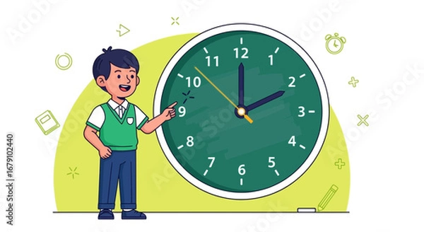Fototapeta Young Student Explaining Time Measurement Concept With Clock Face Illustration