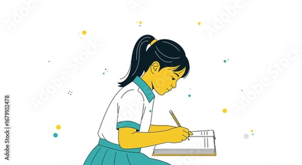 Fototapeta Young Student Focused On Writing Assignment In Simplified Colorful Illustration