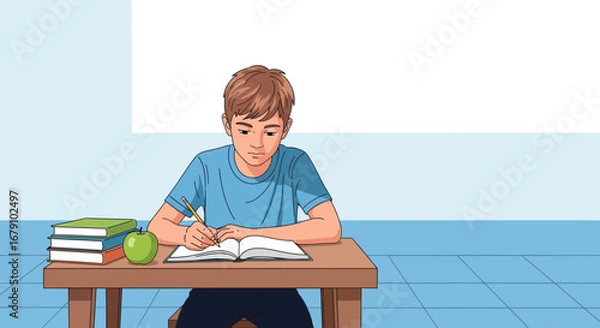 Fototapeta Young student focused on writing in his notebook with books and an apple at the desk