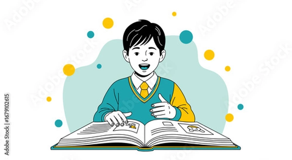 Fototapeta Young Student Joyfully Reading Book: Illustration of Education, Learning, and Enlightenment