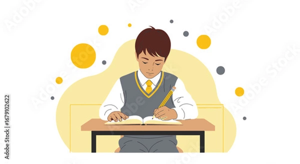 Fototapeta Young student in school uniform writing in a notebook at her desk studying hard at school