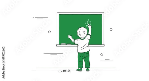 Fototapeta Young Student Learns Alphabet And Writes On Blackboard In The Schoolroom