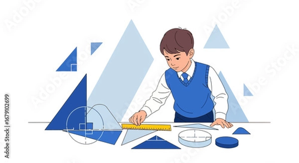 Fototapeta Young Student Measures Geometric Objects While Studying Geometry With Ruler on a table