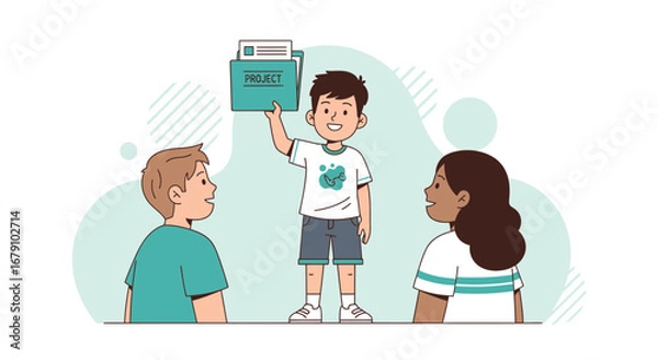 Fototapeta Young Student Presenting Project, Sharing Information to Peers, Classroom Illustration
