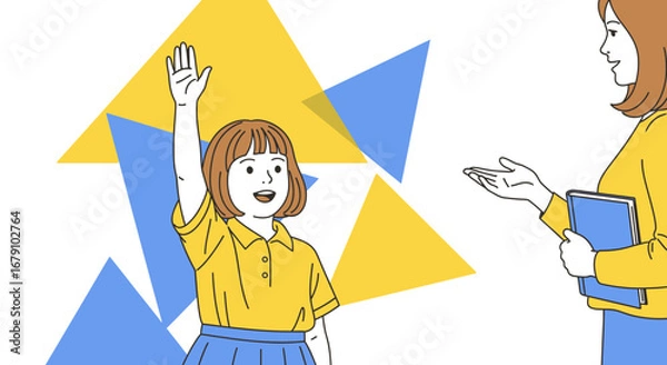 Fototapeta Young Student Raises Hand Energetically in Illustrated School Setting for Question