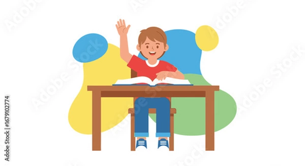 Fototapeta Young Student Raising Hand in Class, Eager For Learning And Education, Illustration