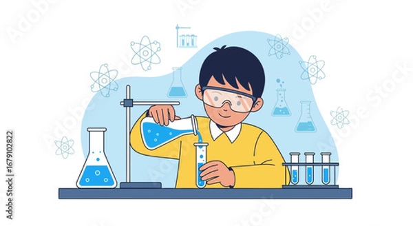 Fototapeta Young student scientist pouring liquid in a lab illustration or science experiment