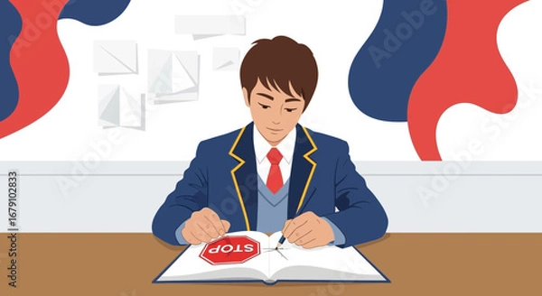 Fototapeta Young Student Redefines Symbols Writing And Drawing On A Page At His Desk