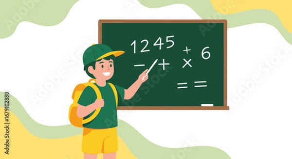 Fototapeta Young Student Solving Mathematical Equations on Blackboard with Colorful Background