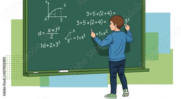 Fototapeta Young Student Solves Mathematical Equations On A Chalkboard In A Classroom Environment