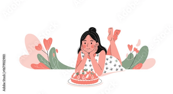 Fototapeta Young Lady Gazing At Cake While Relaxing In Meadow Filled With Decorative Floral Elements