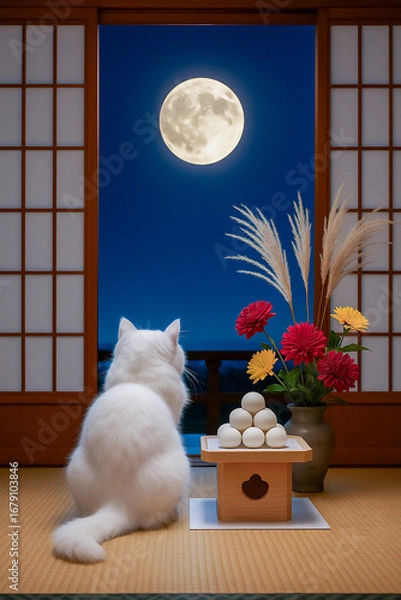 Fototapeta 子猫と月見団子　満月を眺める和室の風景