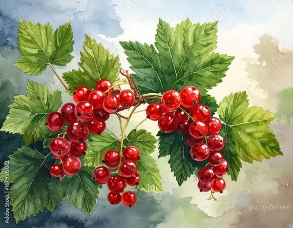 Fototapeta Watercolor illustration of red currants on a branch