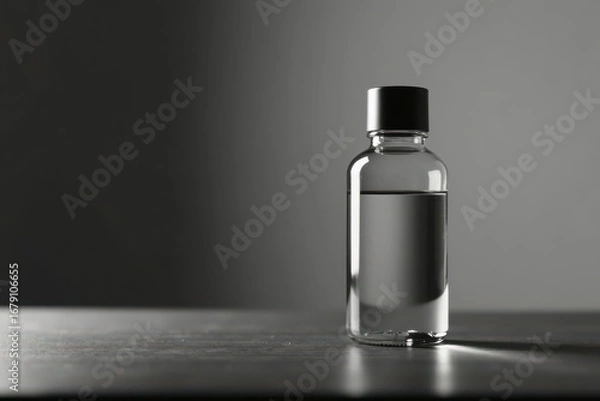 Fototapeta A Clear Glass Bottle with a Black Cap Sits on a Dark Surface, Illuminated by a Subtle Light Source, Representing Purity and Simplicity