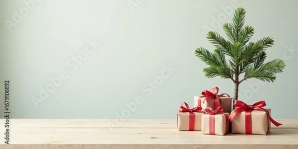 Fototapeta Festive Presents Beneath a Miniature Evergreen Tree on a Light Wooden Surface