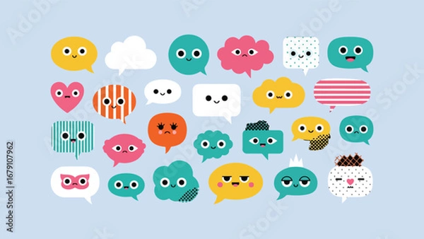 Fototapeta Collection of cute and colorful cartoon speech bubbles with faces