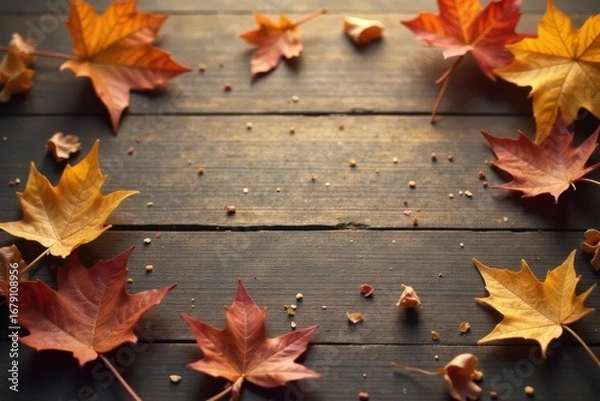 Fototapeta Autumnal Leaves Arranged on Rustic Wooden Surface with Scattered Fragments