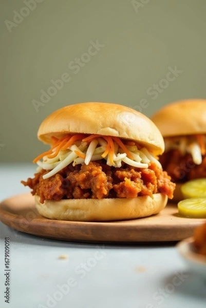 Fototapeta A delectable sandwich featuring a flavorful meat filling, topped with a vibrant slaw and served on a soft bun, a culinary delight presented on a rustic wooden platter.