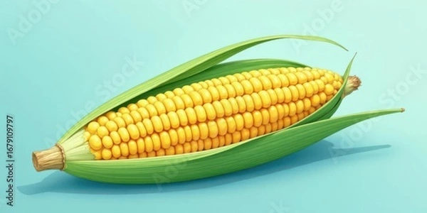 Fototapeta Vibrant Yellow Corn Cob in Husk on a Light Blue Background, a Close-Up Studio Shot of Freshly Harvested Sweet Corn Ready for Consumption
