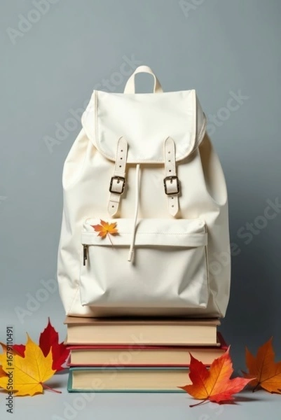 Fototapeta Cream-colored Backpack Resting on a Stack of Books Adorned with Autumn Leaves on a Gray Surface