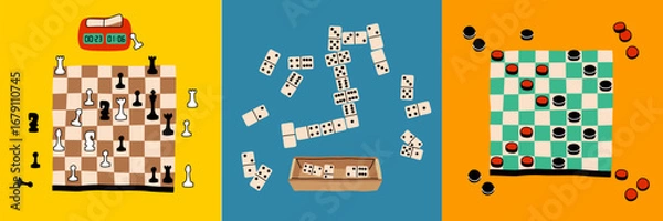 Fototapeta Creative leisure activities bring people together for fun and strategy. Artisan tools like dice, checkers, and chess pieces inspire a fun-filled game night