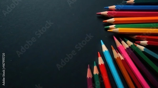 Fototapeta Vibrant Colored Pencils Arranged on Dark Surface Creating a Striking Visual Composition for Creative Projects