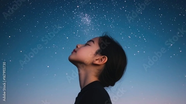 Fototapeta A young child looking up at the vast and captivating night sky filled with countless twinkling stars capturing a sense of wonder amazement and a deep connection to the boundless cosmos