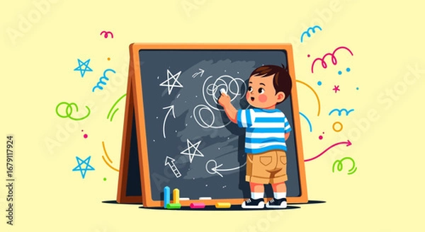 Fototapeta Young Artist Creatively Drawing On Blackboard Displaying Imagination And Development