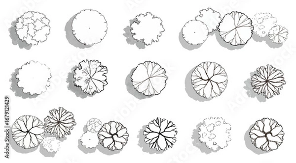 Fototapeta Vector set of Top view  tree for outdoor plan or map and architecture drawing, elements for environment and garden ,botanical elements ,Blooming flowers in spring,tropical plants ,freehand drawing 