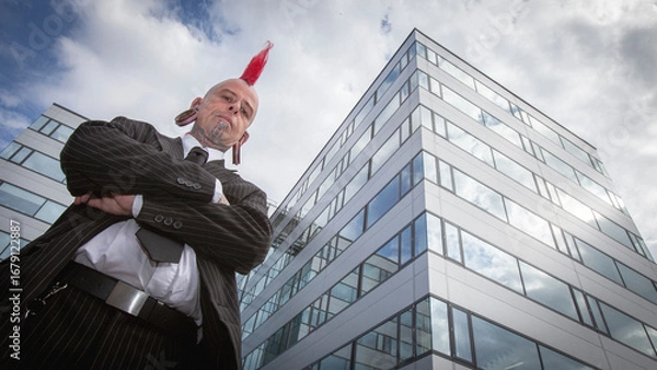 Fototapeta Business Punk. A suited punk businessman with mohawk and tattoos standing confidently with folded arms. A low angle portrait before a modern office building contrasting of style and culture.