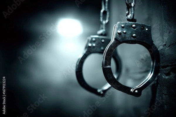 Fototapeta A close-up view of handcuffs hanging against a dark, blurred background, symbolizing law enforcement and confinement.