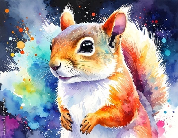 Fototapeta Watercolor squirrel portrait with vibrant colors and abstract background