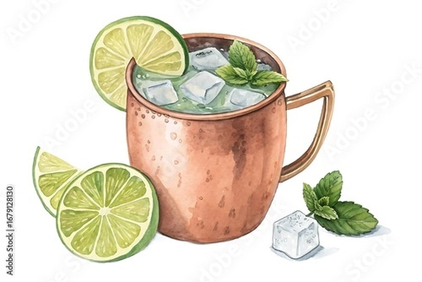 Fototapeta Watercolor illustration of a Moscow Mule cocktail in a copper mug with lime slices, mint, and ice cubes on a white background