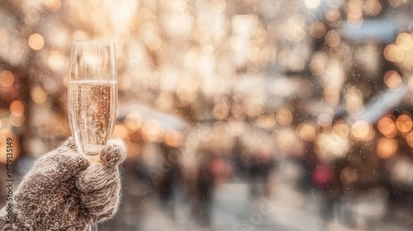 Fototapeta Sparkling toast held in gloved hand at a festive winter market