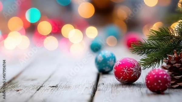 Fototapeta Festive Christmas ornaments and pine on rustic wooden table with lights