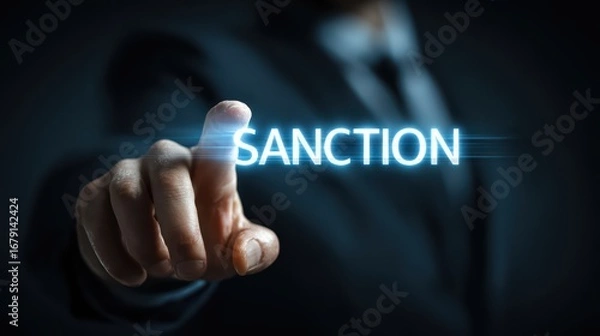 Obraz Businessman Pointing to Sanction on Screen in a Digital Work Environment, Perfect for Financial Campaigns and Presentations, Evokes Focus and Determination.