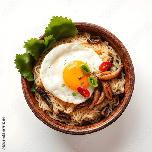 Fototapeta Overhead Shot of Nasi Goreng Kampung with Fried Anchovies, Egg, and Fresh Chilies