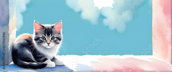 Fototapeta Watercolor kitten by the window. Cute red nosed baby cat illustration. Soft watercolor portrait of a blue eyed kitten. Adorable kitten alone on a pastel background.