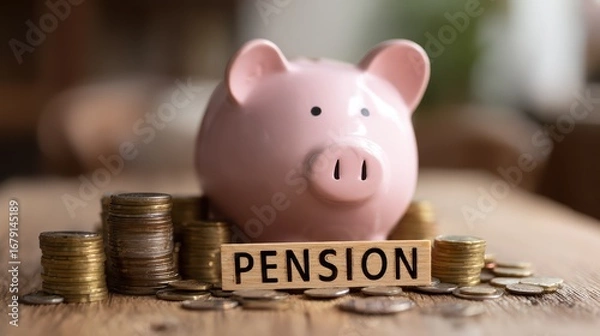 Fototapeta Vintage Fabb E B Piggy Bank with Pension Sign, Perfect for Financial Campaigns or Retirementthemed Projects, Encouraging Saving and Longterm Planning.