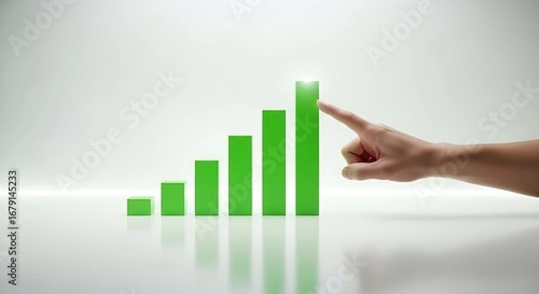 Fototapeta Business growth success hand touching green bar chart showing upward trend and positive financial performance