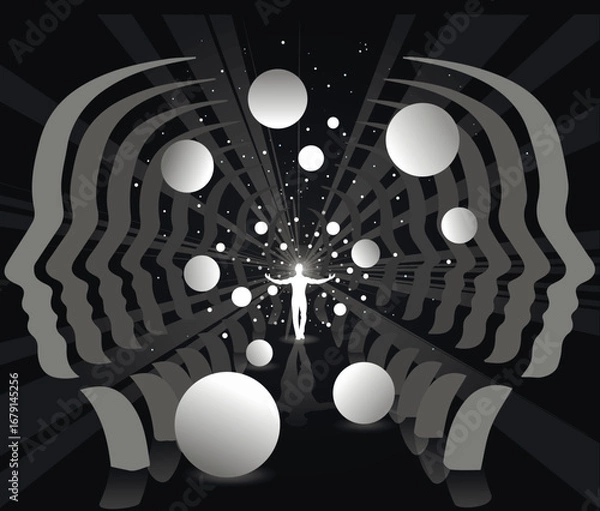 Fototapeta Psychedelic Surreal Head Silhouette. Abstract psychedelic artwork of multiple human head silhouettes facing center with cosmic spheres and glowing energy surreal composition.