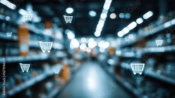 Fototapeta Blurry Shopping Cart in a Store Dynamic Scene for Ecommerce, Retail Marketing, and Digital Campaigns Encapsulating the Energy of Modern Shopping.
