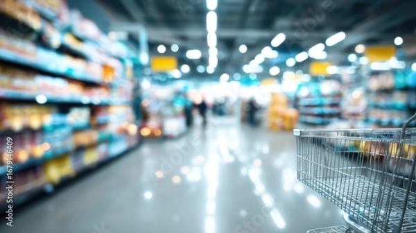 Fototapeta Grocery Store Aisle Disruption Shopping Cart Focal Point Amidst Retail Marketing Channels Ecommerce Focus, Perfect for HighImpact Visual Content.