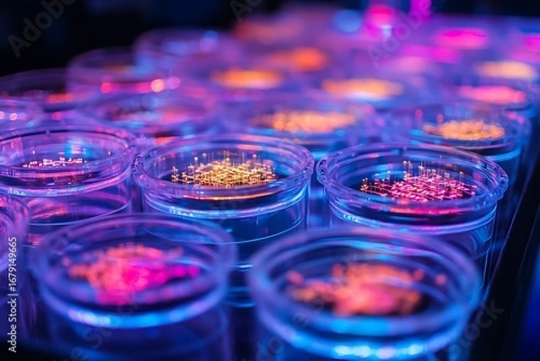 Fototapeta Neon-lit DNA splicing hubs filled with floating gene-editing sequences in semi-liquid plasma 