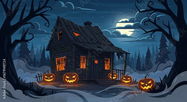 Fototapeta Spooky Halloween night scene with haunted house, pumpkins, and full moon.