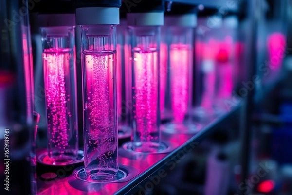 Fototapeta Neon-lit DNA splicing hubs filled with floating gene-editing sequences in semi-liquid plasma 