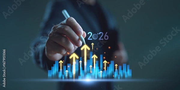 Fototapeta Businessman drawing digital growth arrows and bar graph with 2026 target. Futuristic concept for business goals, technology strategy, data-driven planning, success and innovation.