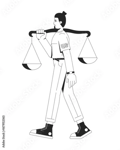 Fototapeta Know your rights line illustration concept. Human justice. Citizen law in daily life. Caucasian man carrying balance scales on shoulder outline 2D character isolated. Ink linear metaphor vector art