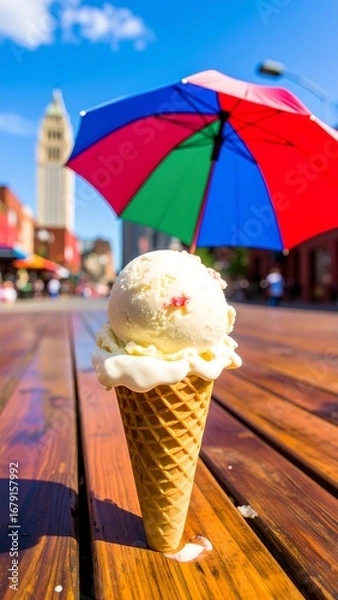Obraz Sundae under colorful umbrella on boardwalk