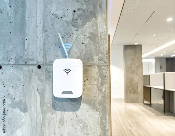 Fototapeta White Wi-Fi router mounted on a textured concrete wall in an office